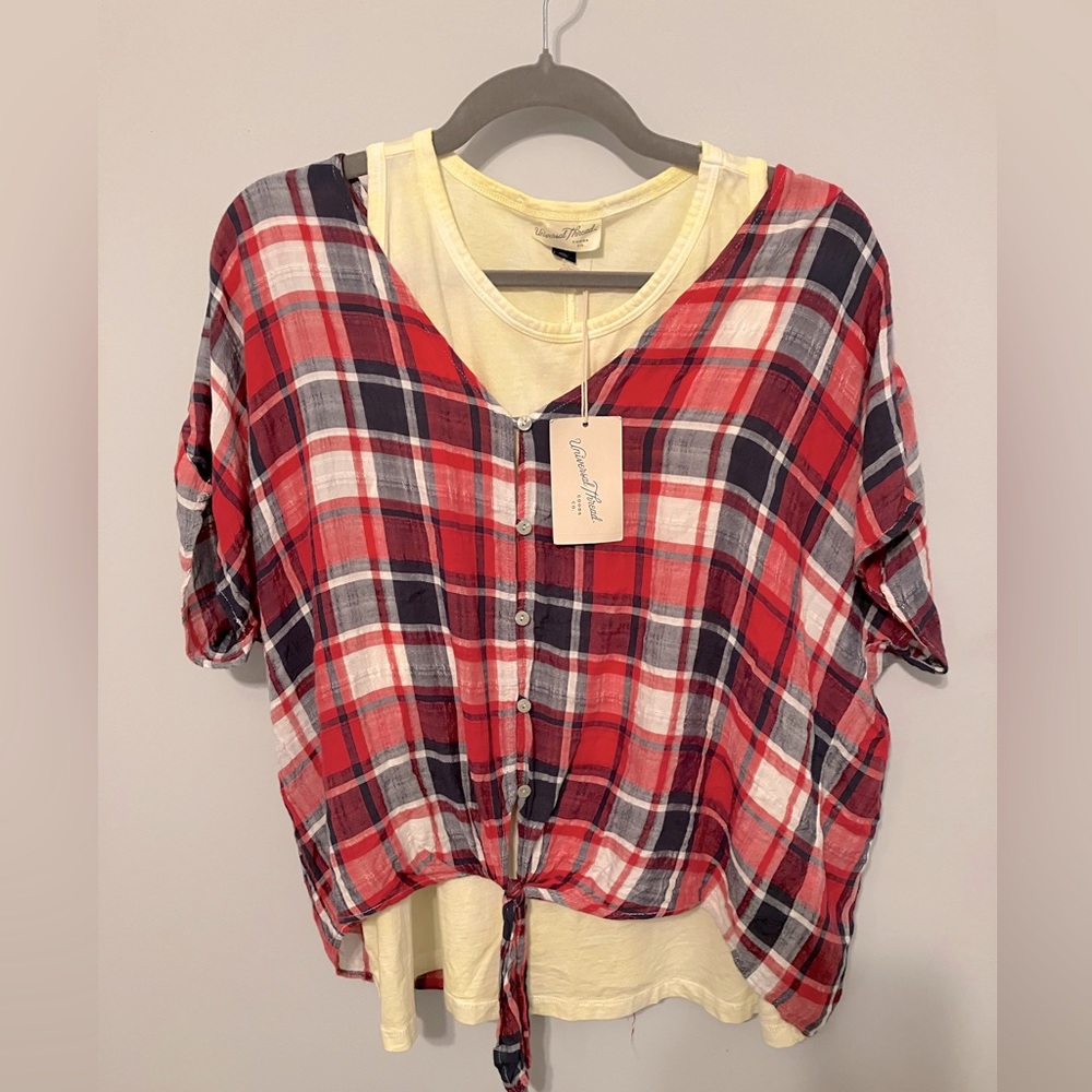 Bundle of two Universal Thread tops pale yellow plaid NWT for layering